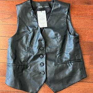 Zara Black Leather Vest Classic Sleeveless Design